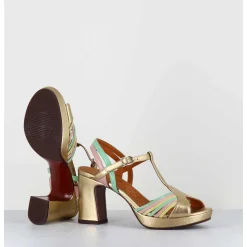 Sandales A Talon En Cuir Metallise Dore Multi-Brides Colorees - Kija44 Dali Champan