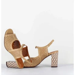 Sandales A Talon En Cuir Cannele & Imprime Vintage - Beila Softy Bambu