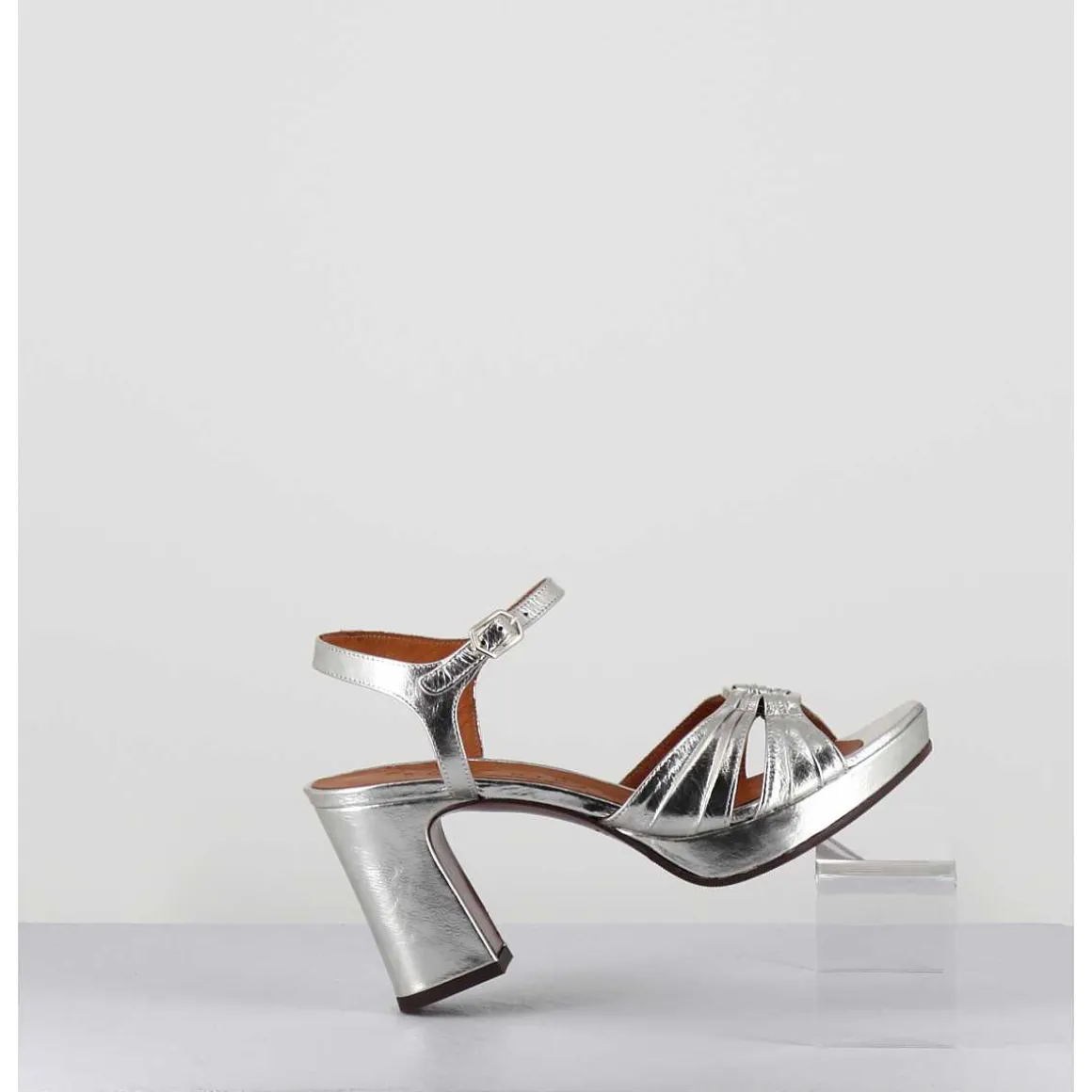 Sandales A Talon En Cuir Metallise Argent & Bijou Argent Retro - Keloca44 Porsche Silver