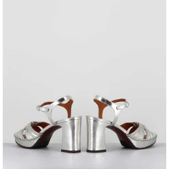 Sandales A Talon En Cuir Metallise Argent & Bijou Argent Retro - Keloca44 Porsche Silver
