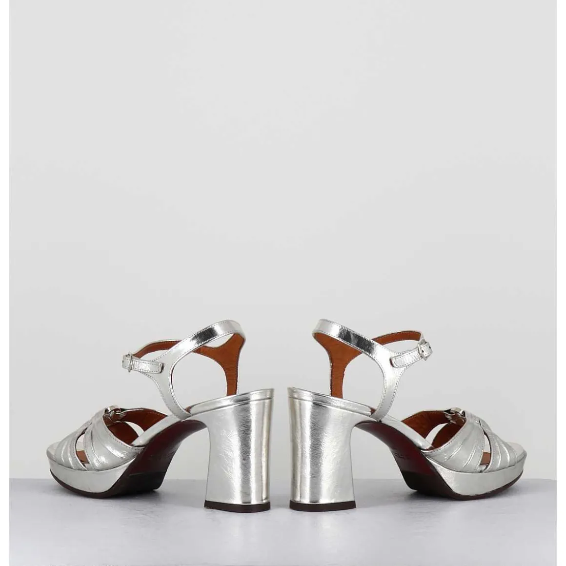 Sandales A Talon En Cuir Metallise Argent & Bijou Argent Retro - Keloca44 Porsche Silver