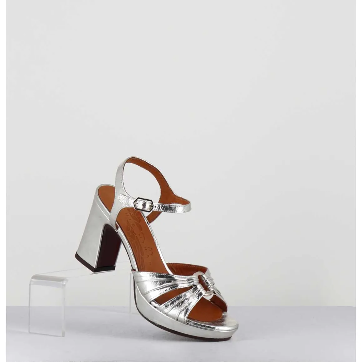 Sandales A Talon En Cuir Metallise Argent & Bijou Argent Retro - Keloca44 Porsche Silver