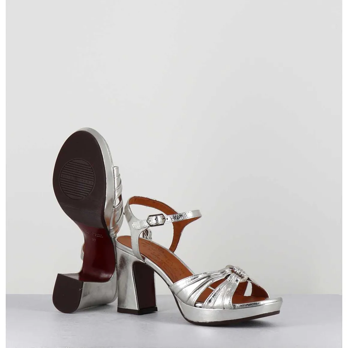 Sandales A Talon En Cuir Metallise Argent & Bijou Argent Retro - Keloca44 Porsche Silver