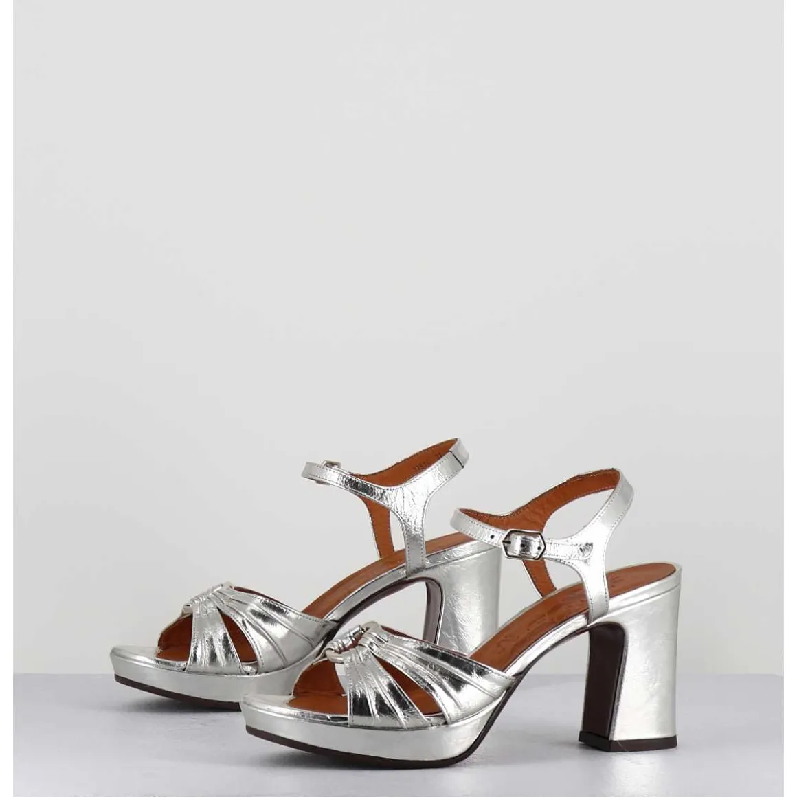 Sandales A Talon En Cuir Metallise Argent & Bijou Argent Retro - Keloca44 Porsche Silver