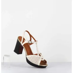Sandales A Talon En Cuir Ajoure Creme & Vernis Noir- - Kegy Softy Leche