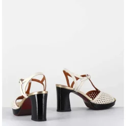 Sandales A Talon En Cuir Ajoure Creme & Vernis Noir- - Kegy Softy Leche