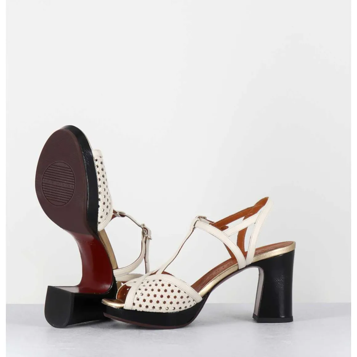 Sandales A Talon En Cuir Ajoure Creme & Vernis Noir- - Kegy Softy Leche