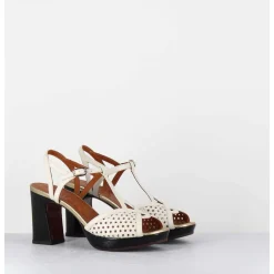 Sandales A Talon En Cuir Ajoure Creme & Vernis Noir- - Kegy Softy Leche