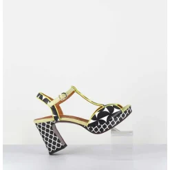 Sandales A Talon En Cuir Imprime Retro Noir & Blanc - Keduni44 Jeep Lemon