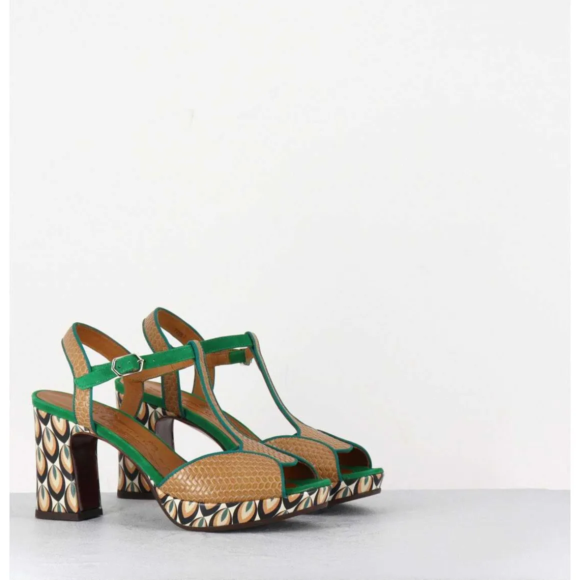 Sandales A Talon En Cuir Imprime Multico - Keduni Ford Tan