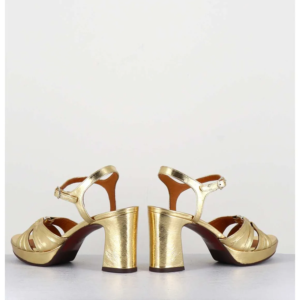 Sandales A Talon En Cuir Metallise Argent & Bijou Argent Retro - Keloca44 Porsche Gold