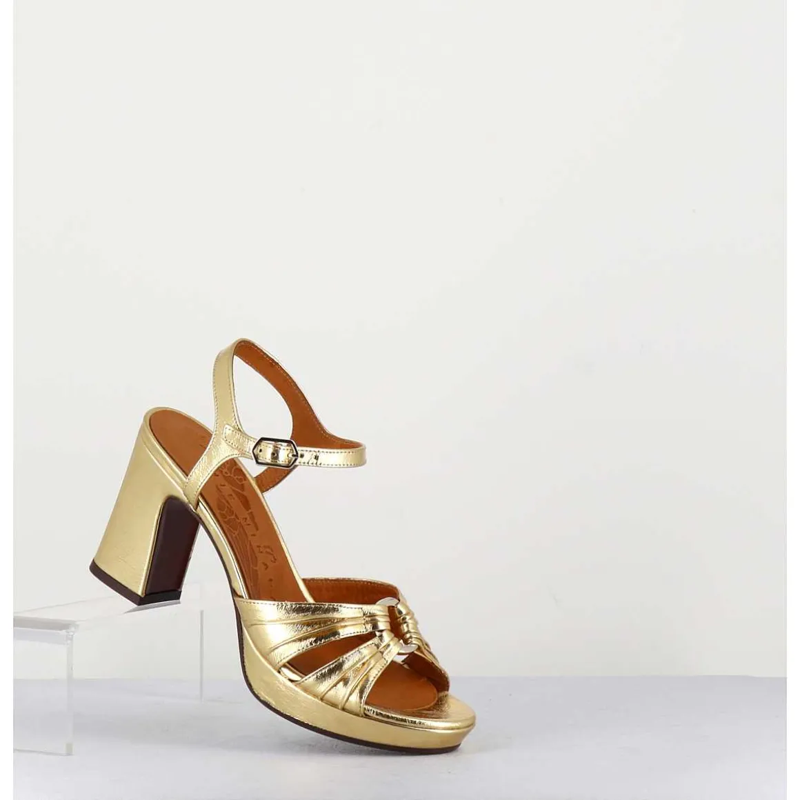 Sandales A Talon En Cuir Metallise Argent & Bijou Argent Retro - Keloca44 Porsche Gold