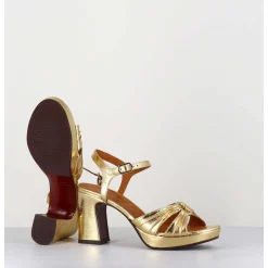 Sandales A Talon En Cuir Metallise Argent & Bijou Argent Retro - Keloca44 Porsche Gold