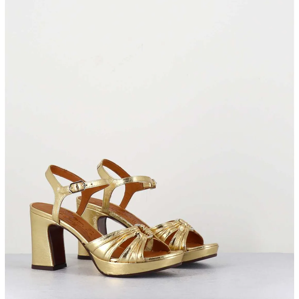 Sandales A Talon En Cuir Metallise Argent & Bijou Argent Retro - Keloca44 Porsche Gold
