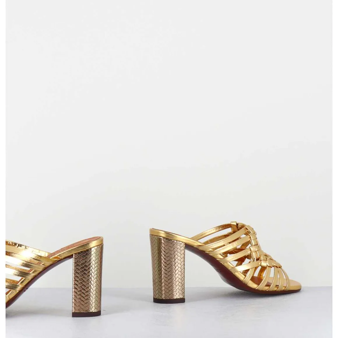 Sandales A Talon En Cuir Tresse Dore - Beijing Citroen Gold