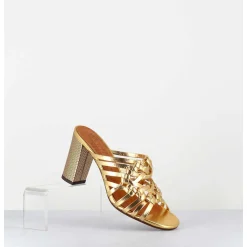 Sandales A Talon En Cuir Tresse Dore - Beijing Citroen Gold