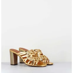 Sandales A Talon En Cuir Tresse Dore - Beijing Citroen Gold