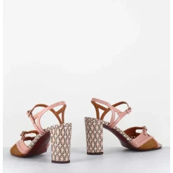 Sandales A Talon En Cuir Imprime Vintage Camel & Rose - Bindi Ferrari Pink