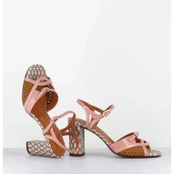 Sandales A Talon En Cuir Imprime Vintage Camel & Rose - Bindi Ferrari Pink