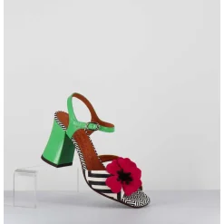 Sandales A Talon Fleur Fuchsia Motif Psyche Talon Vert - Piruca44 Metal Sun Disco