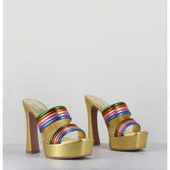 Sandales A Talon Haut & Plateforme En Cuir Metallise Dore - Dora Laminato Rainbow