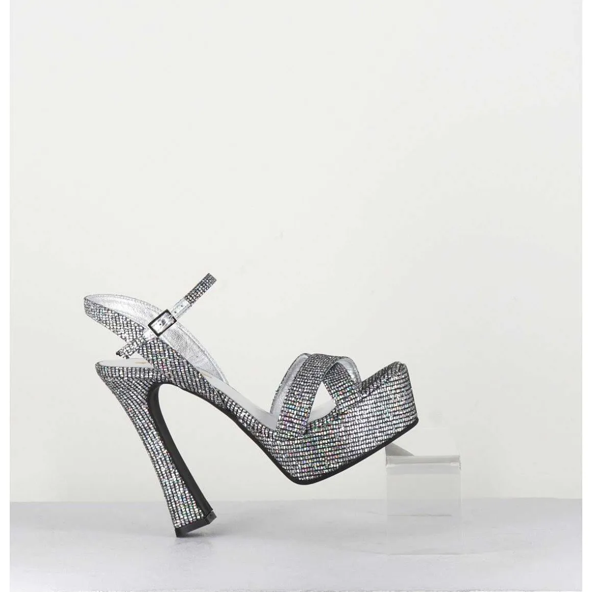 Sandales A Talon Haut Cuir Disco Print - Mira Argento