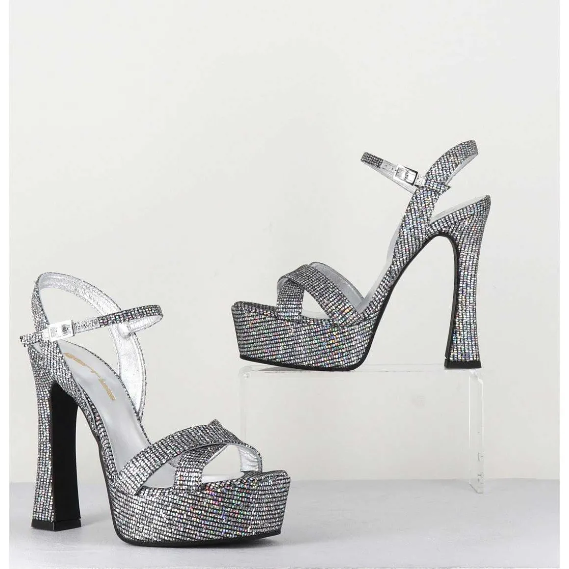 Sandales A Talon Haut Cuir Disco Print - Mira Argento