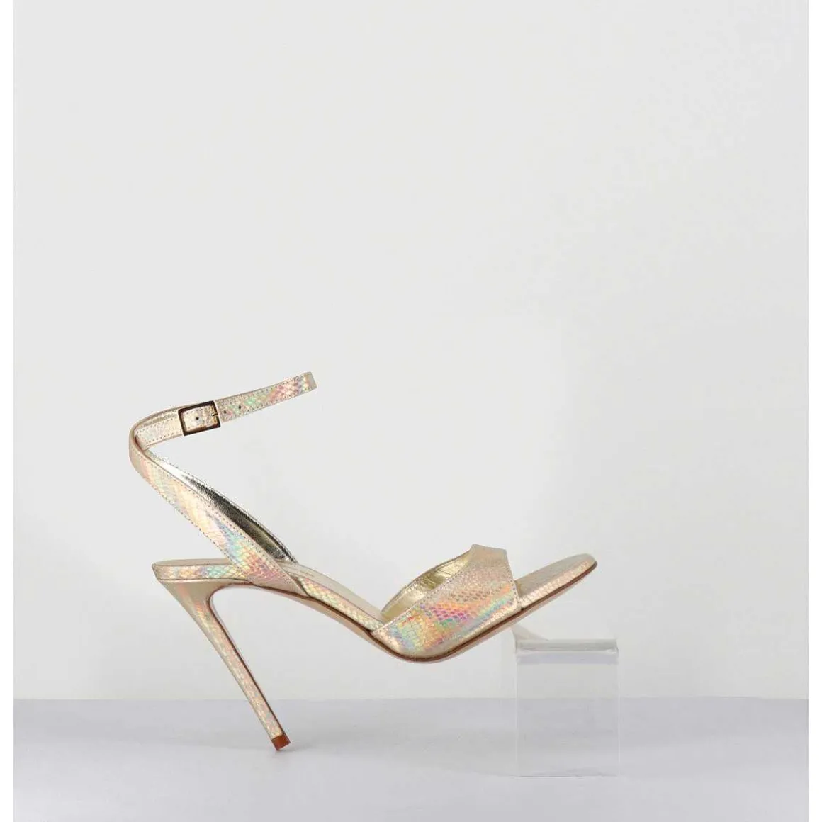 Sandales A Talon Haut Effet Ecailles Cuir Platine - Tage Viper Platino