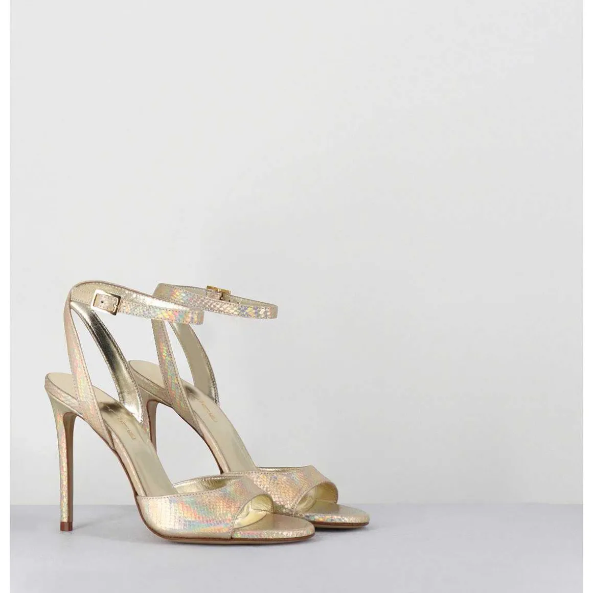 Sandales A Talon Haut Effet Ecailles Cuir Platine - Tage Viper Platino