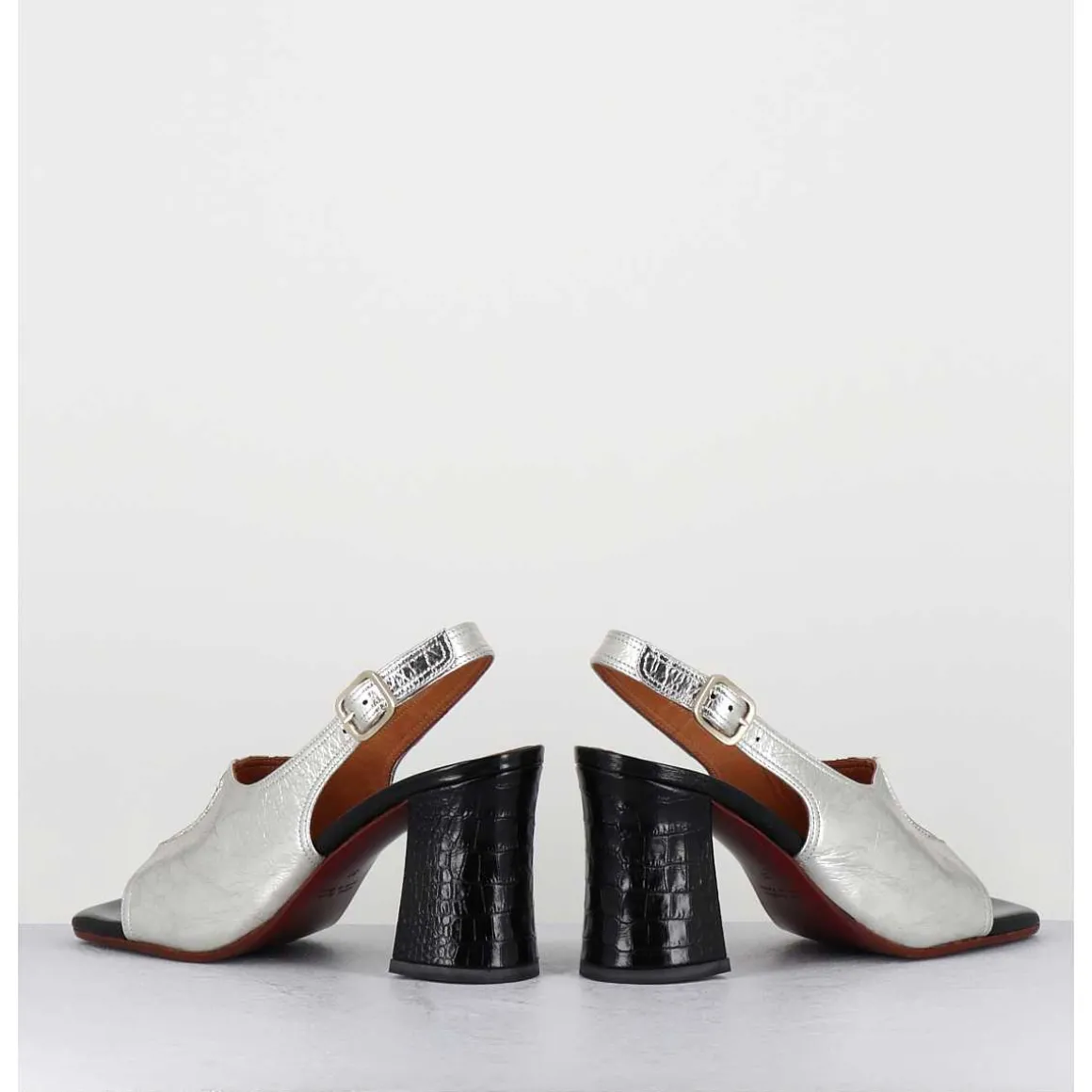 Sandales A Talon 70S Cuir Argent & Noir - Pendal44 Porsche Silver