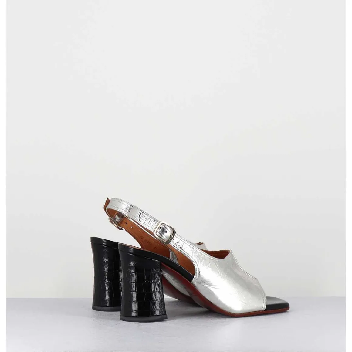 Sandales A Talon 70S Cuir Argent & Noir - Pendal44 Porsche Silver