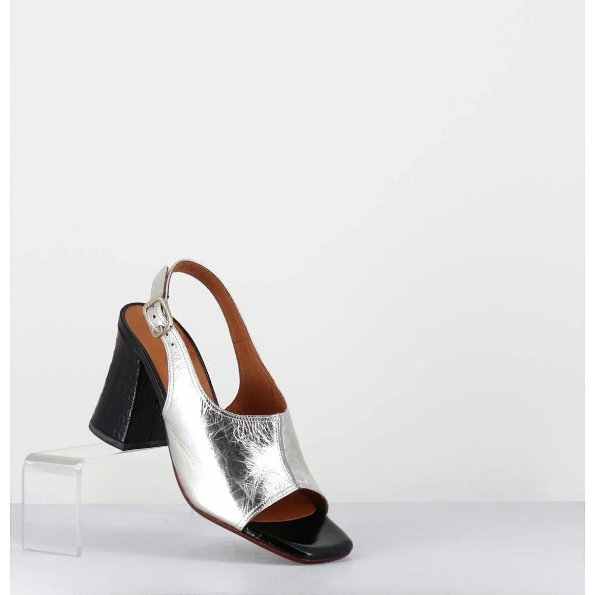 Sandales A Talon 70S Cuir Argent & Noir - Pendal44 Porsche Silver