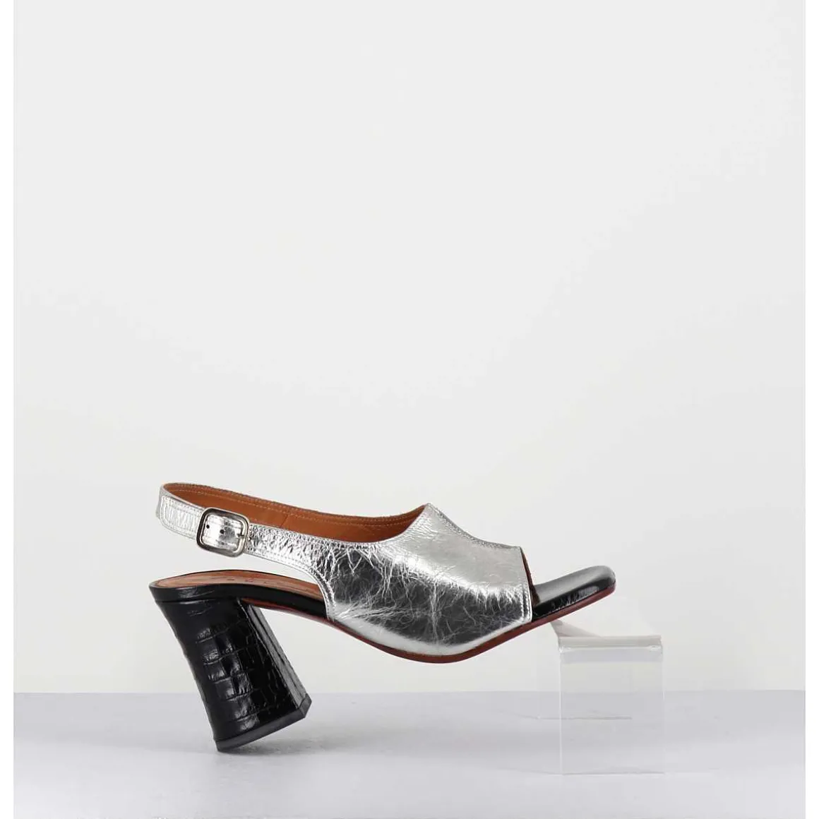Sandales A Talon 70S Cuir Argent & Noir - Pendal44 Porsche Silver