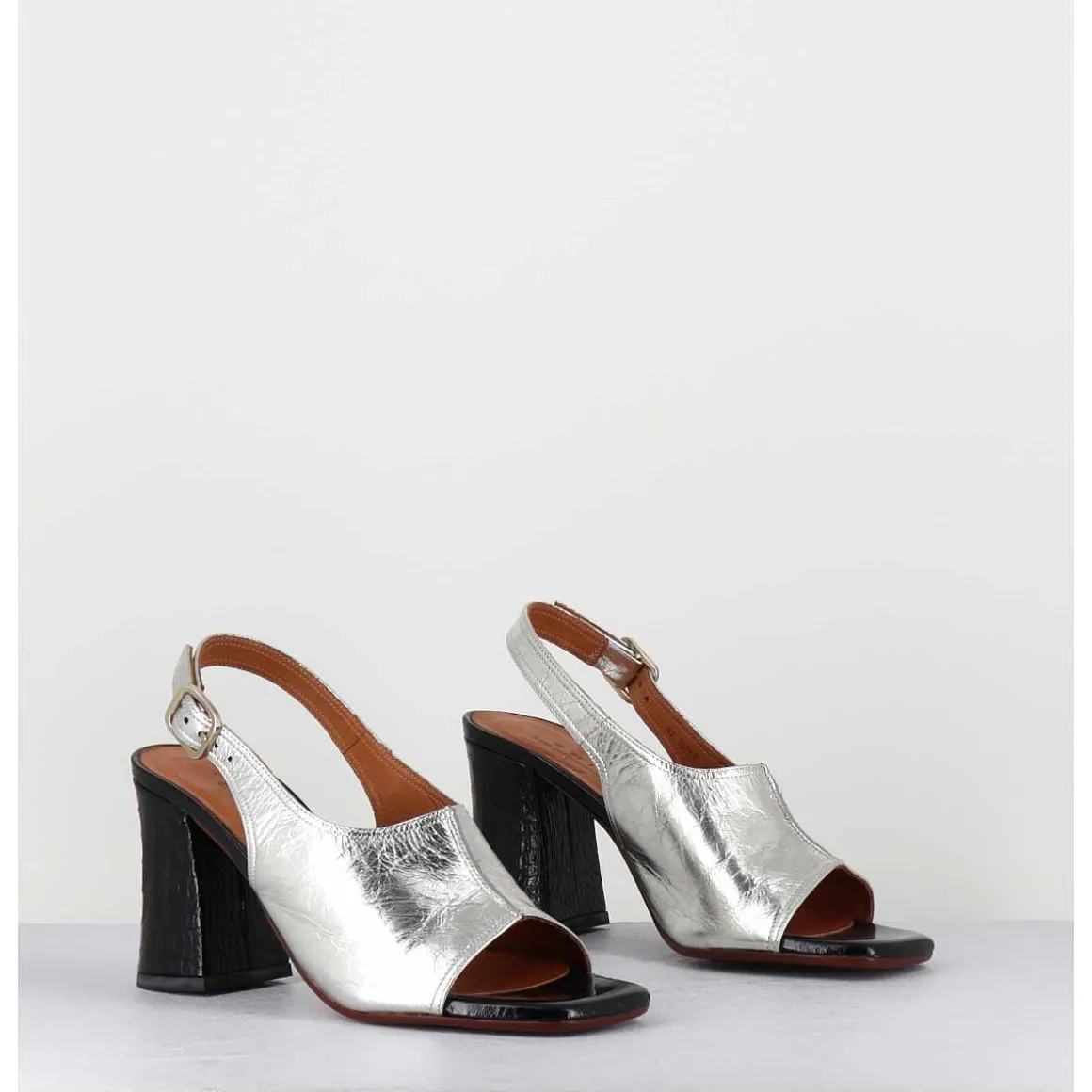 Sandales A Talon 70S Cuir Argent & Noir - Pendal44 Porsche Silver