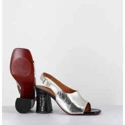 Sandales A Talon 70S Cuir Argent & Noir - Pendal44 Porsche Silver