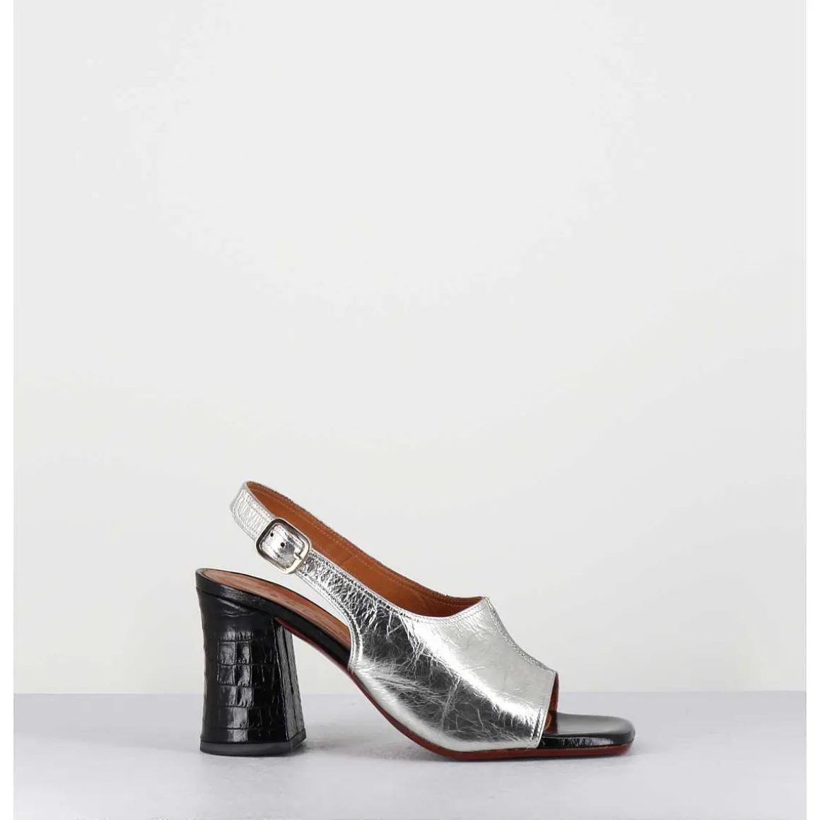 Sandales A Talon 70S Cuir Argent & Noir - Pendal44 Porsche Silver