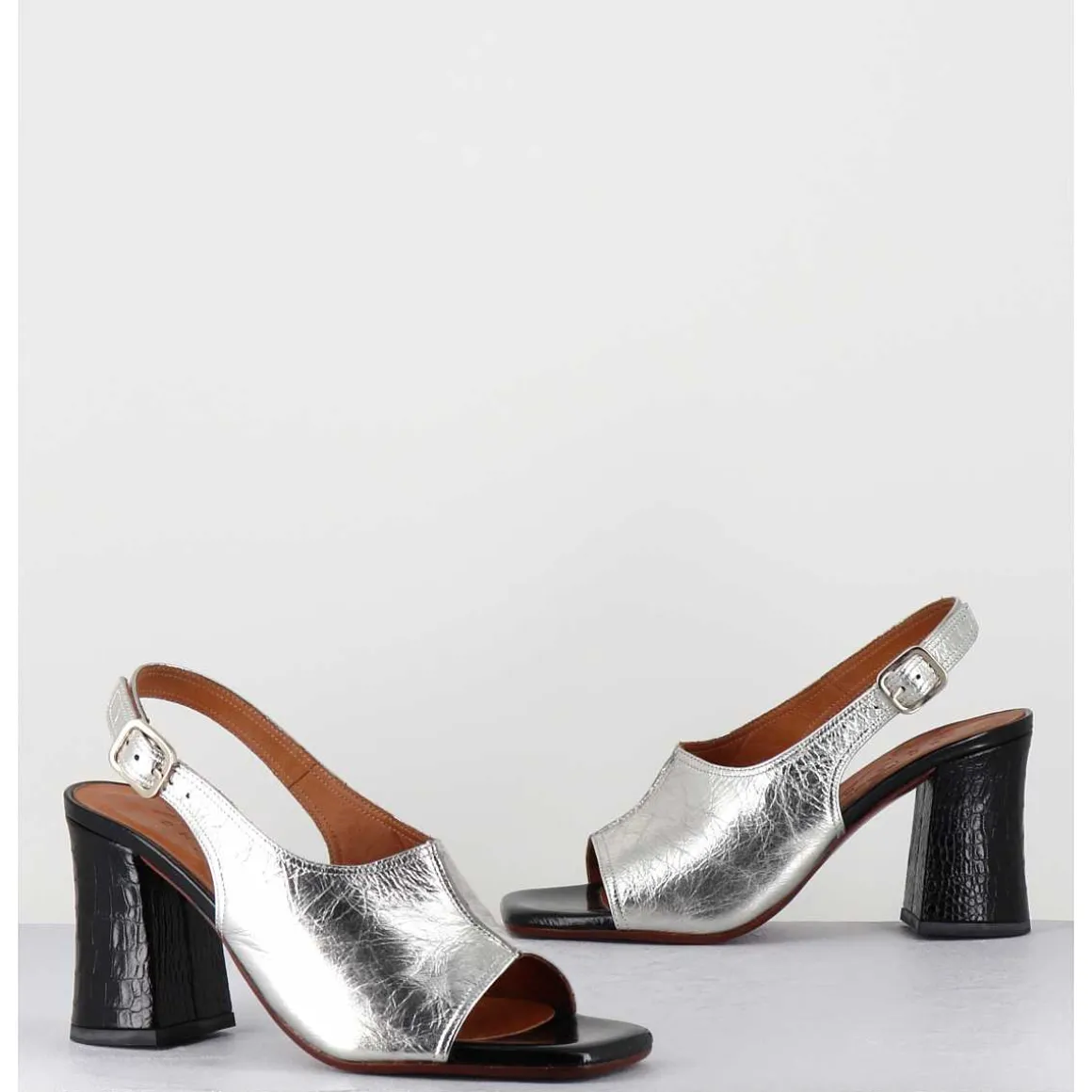 Sandales A Talon 70S Cuir Argent & Noir - Pendal44 Porsche Silver