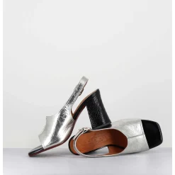 Sandales A Talon 70S Cuir Argent & Noir - Pendal44 Porsche Silver