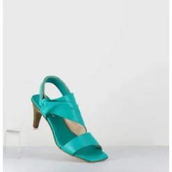 Sandales Asymetriques A Talon En Cuir Turquoise - Cati Shady Smeraldo