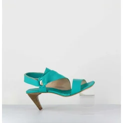 Sandales Asymetriques A Talon En Cuir Turquoise - Cati Shady Smeraldo
