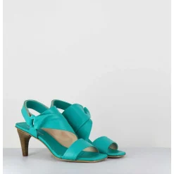 Sandales Asymetriques A Talon En Cuir Turquoise - Cati Shady Smeraldo