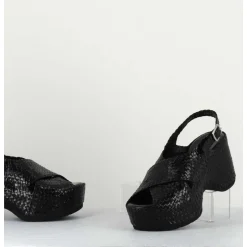 Sandales Compensees En Cuir Tresse Noir - Como23 Black