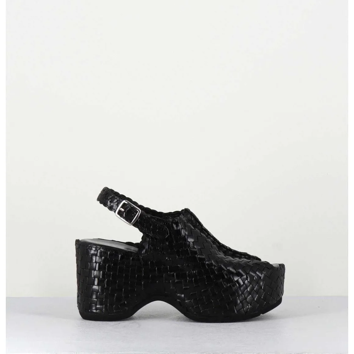 Sandales Compensees En Cuir Noir Tresse - Posi23 Black