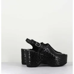 Sandales Compensees En Cuir Noir Tresse - Posi23 Black