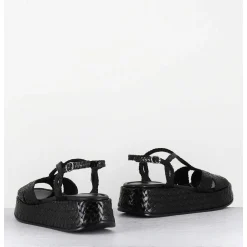 Sandales Compensees En Cuir Tresse Noir - Kati24 Nero