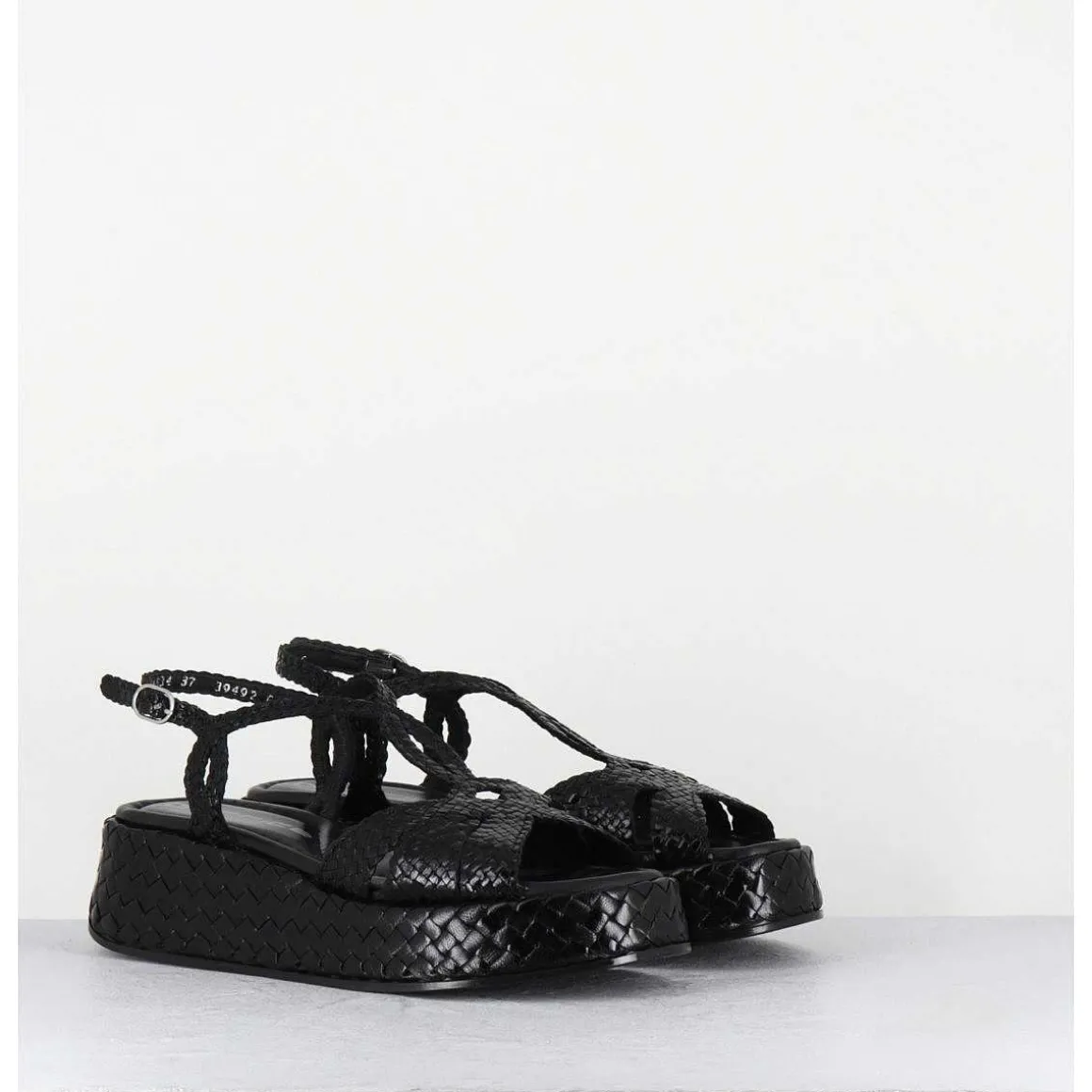 Sandales Compensees En Cuir Tresse Noir - Kati24 Nero