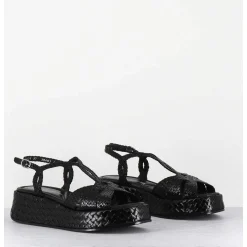 Sandales Compensees En Cuir Tresse Noir - Kati24 Nero