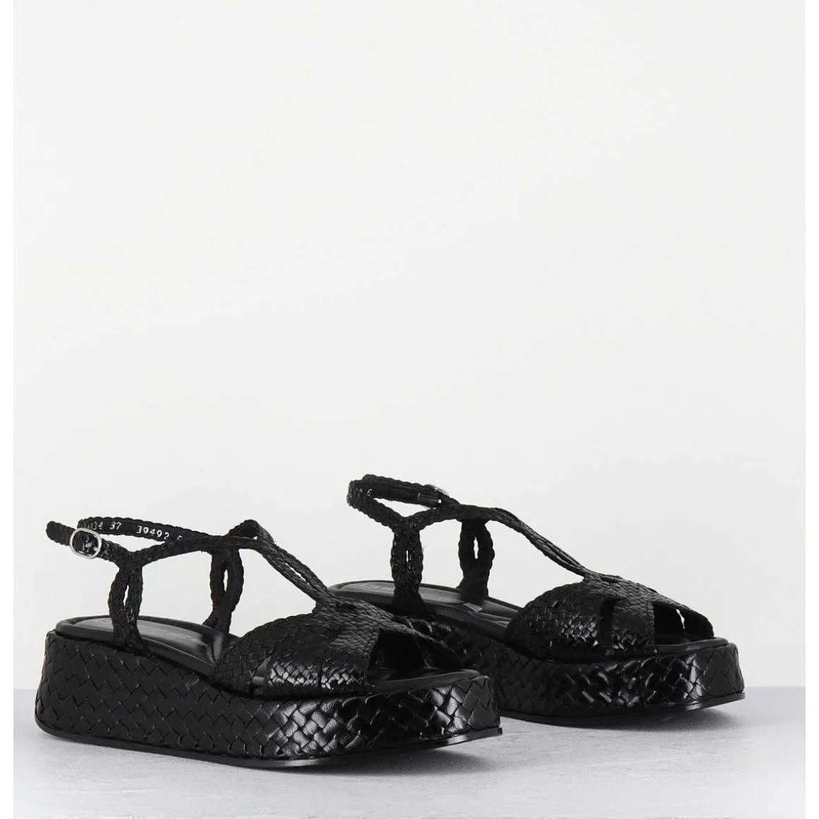 Sandales Compensees En Cuir Tresse Noir - Kati24 Nero