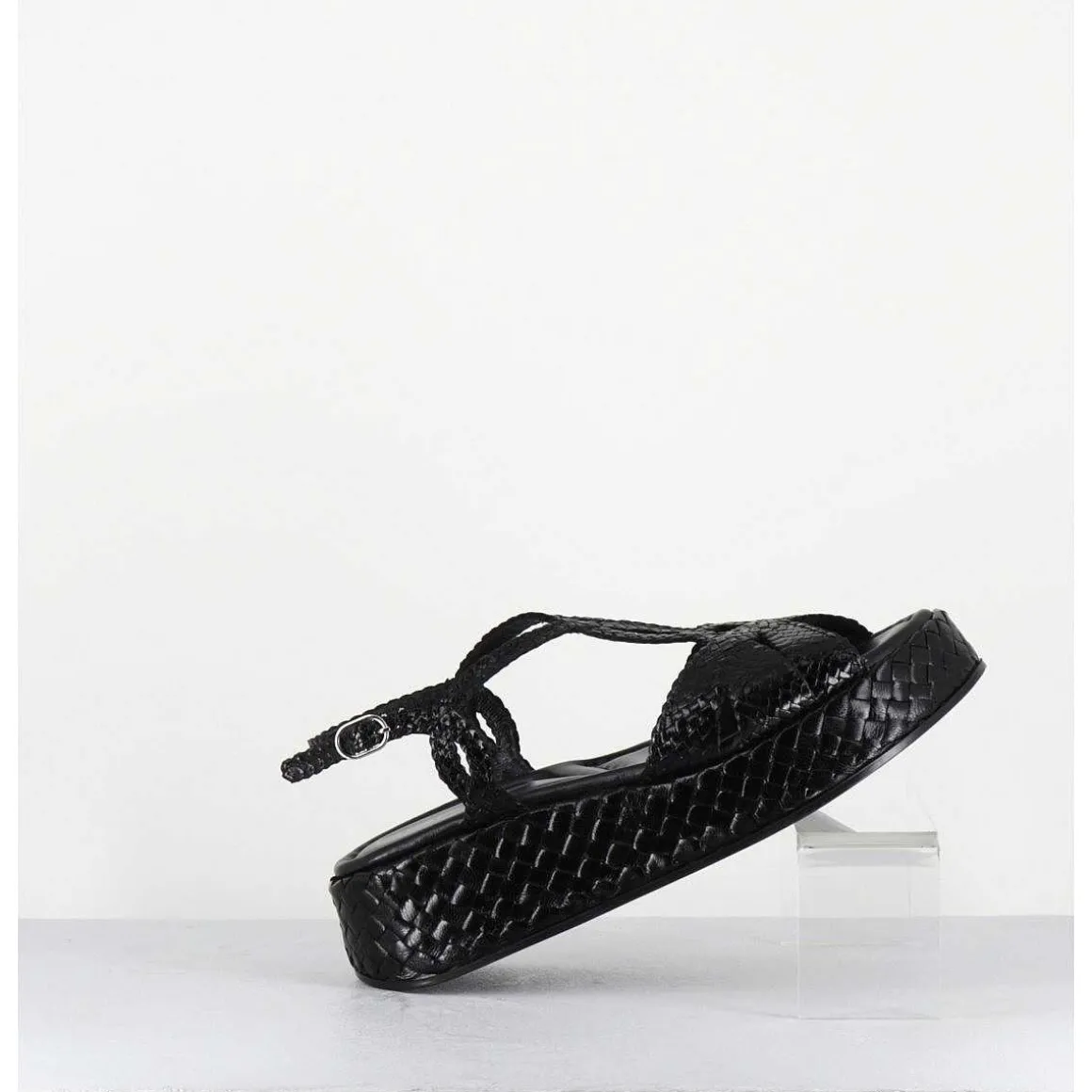 Sandales Compensees En Cuir Tresse Noir - Kati24 Nero