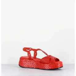 Sandales Compensees En Cuir Tresse Corail - Kati24 Mandarina